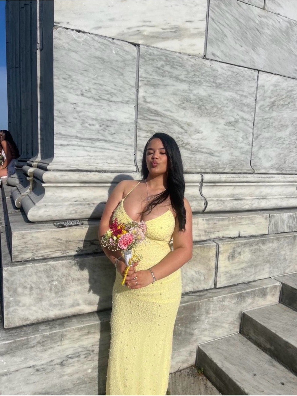 Yellow Spaghetti-Strap Beaded prom dress